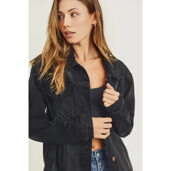 RISEN Distressed Long Sleeves 90's Vintage Pocket Oversized Denim JacketBlack